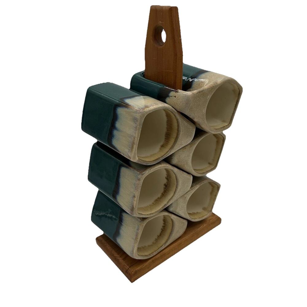 Vintage Rodolfo Padilla Stacking Mug Set 6 Stand Mexico Blue Green Brown